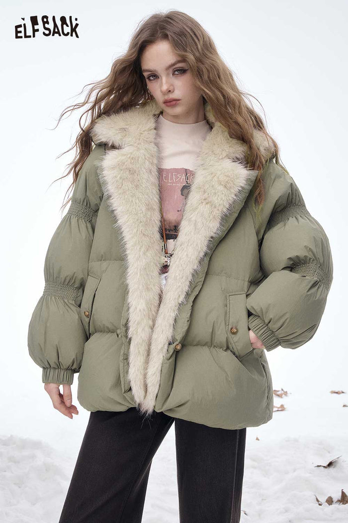 ELFSACK Soft Loose Plush Lining Plush Lapel Solid Down Jacket