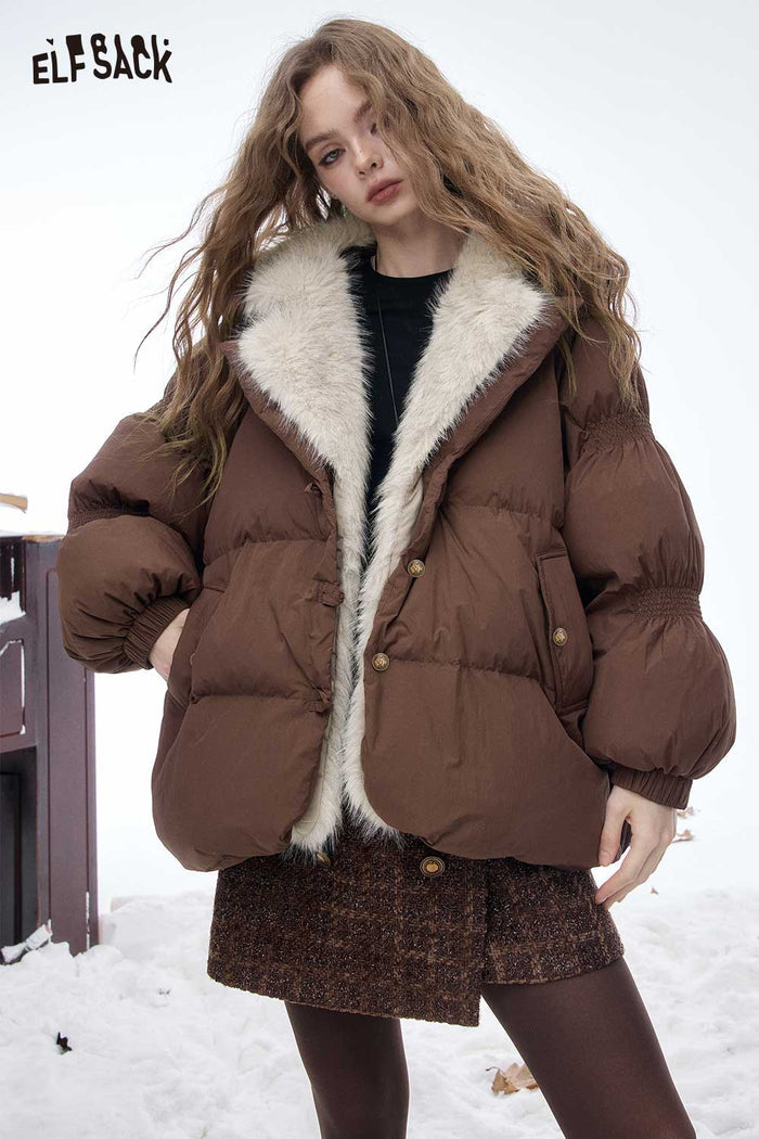 ELFSACK Soft Loose Plush Lining Plush Lapel Solid Down Jacket