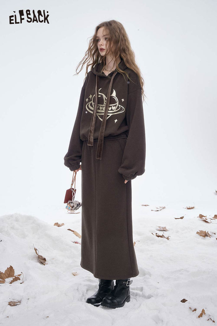ELFSACK Soft Loose Solid Heart Graphic Skirt Set
