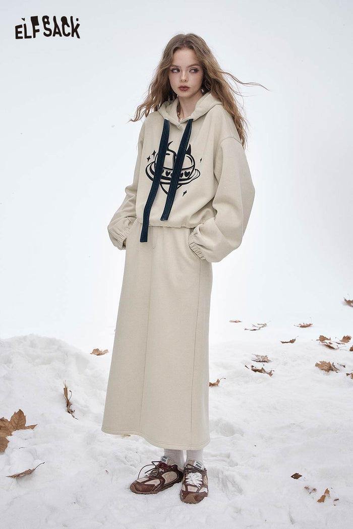 ELFSACK Soft Loose Solid Heart Graphic Skirt Set