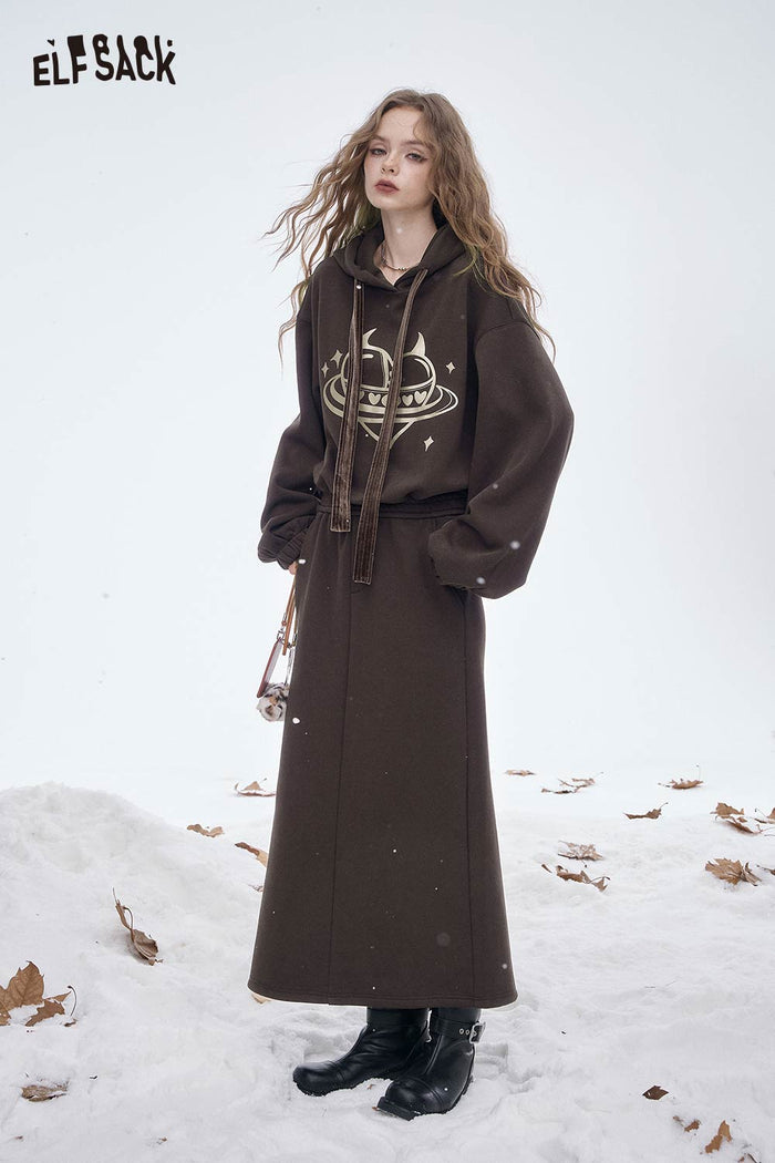 ELFSACK Soft Loose Solid Heart Graphic Skirt Set