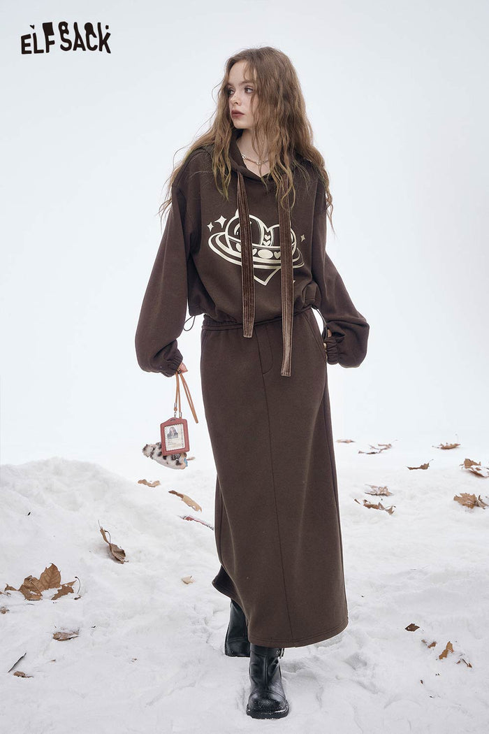 ELFSACK Soft Loose Solid Heart Graphic Skirt Set