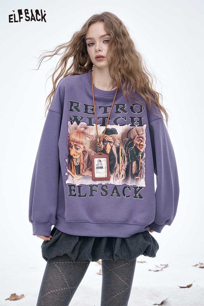 ELFSACK Soft Loose Solid Letter Graphic Round Neck Sweatshirt