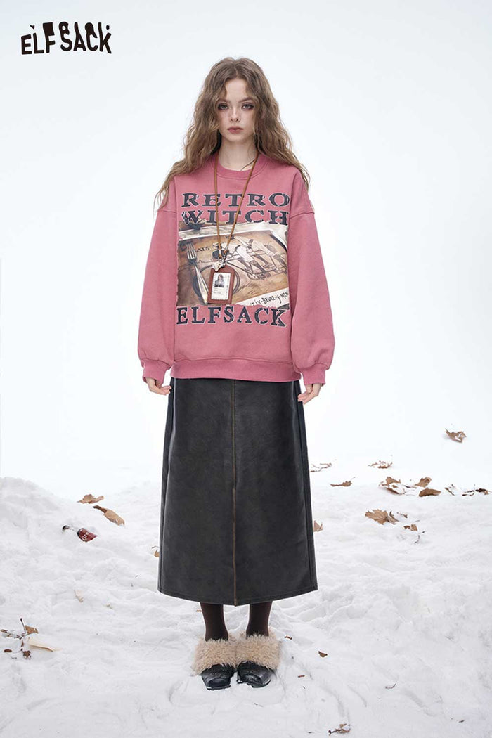 ELFSACK Soft Loose Solid Letter Graphic Round Neck Sweatshirt