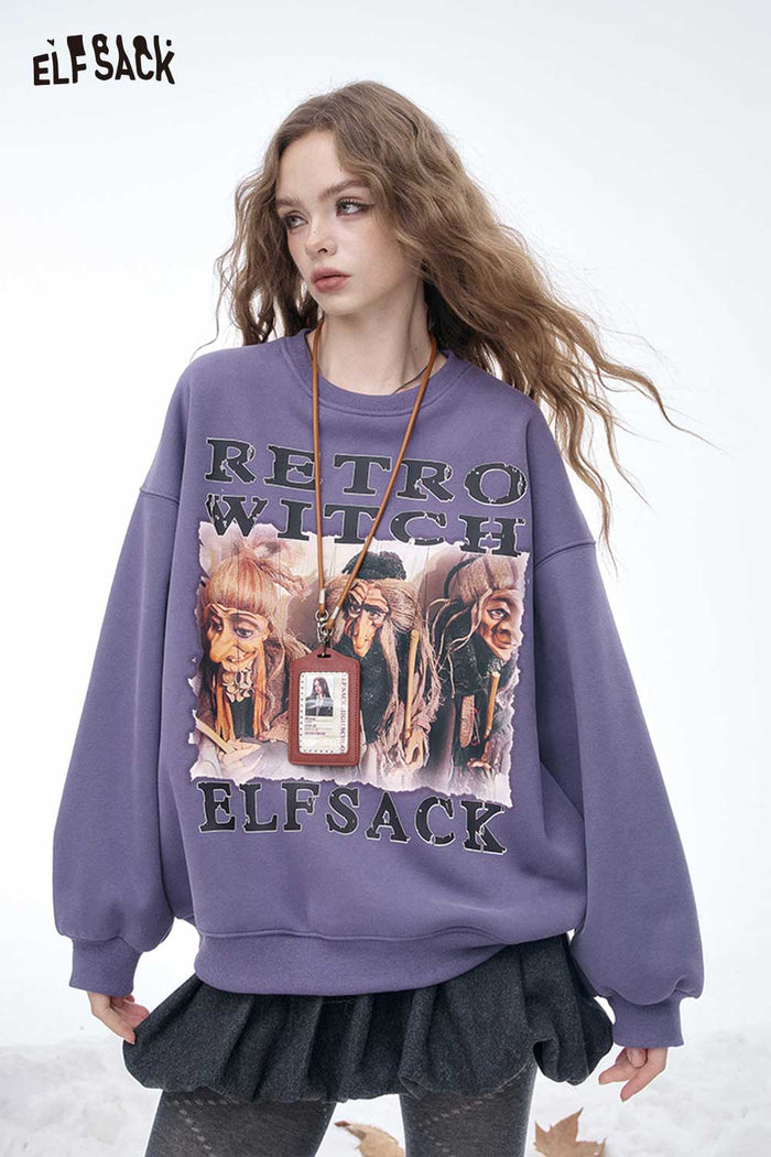 ELFSACK Soft Loose Solid Letter Graphic Round Neck Sweatshirt