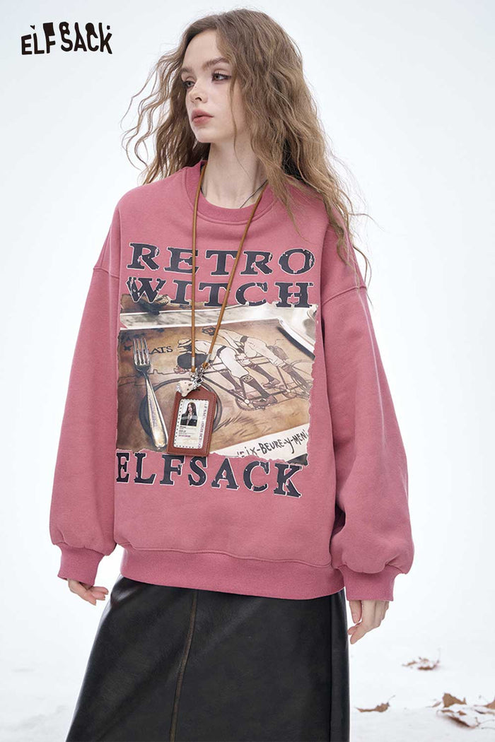 ELFSACK Soft Loose Solid Letter Graphic Round Neck Sweatshirt