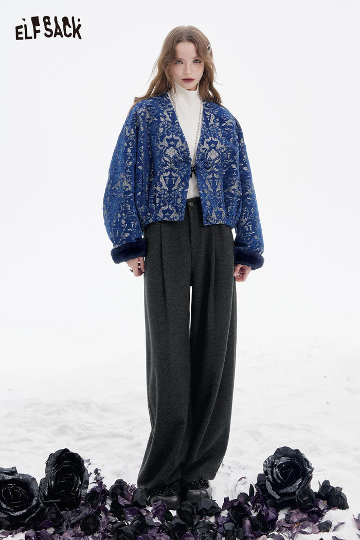 ELFSACK Soft Minimalist Casual Solid Pleated Wide Leg Floor Length Pants
