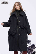 ELFSACK Soft Minimalist Loose Solid Bow Pocket Button Long Coat