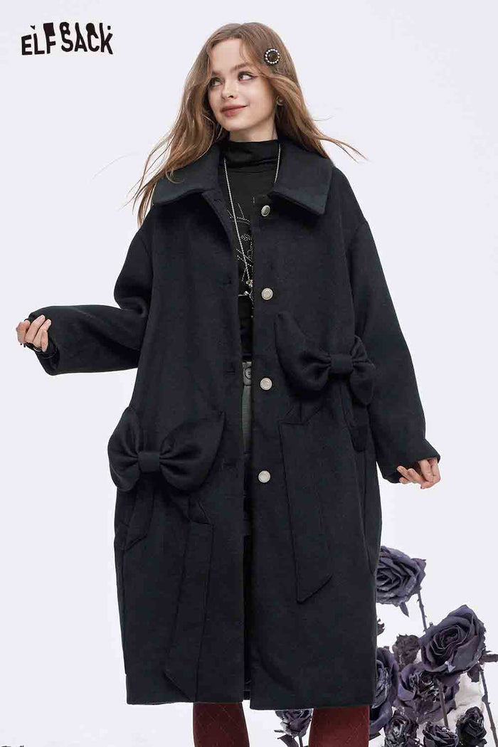 ELFSACK Soft Minimalist Loose Solid Bow Pocket Button Long Coat