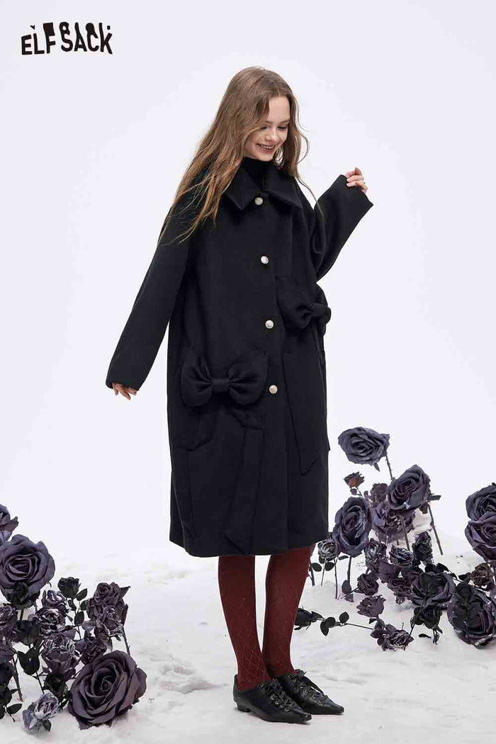 ELFSACK Soft Minimalist Loose Solid Bow Pocket Button Long Coat