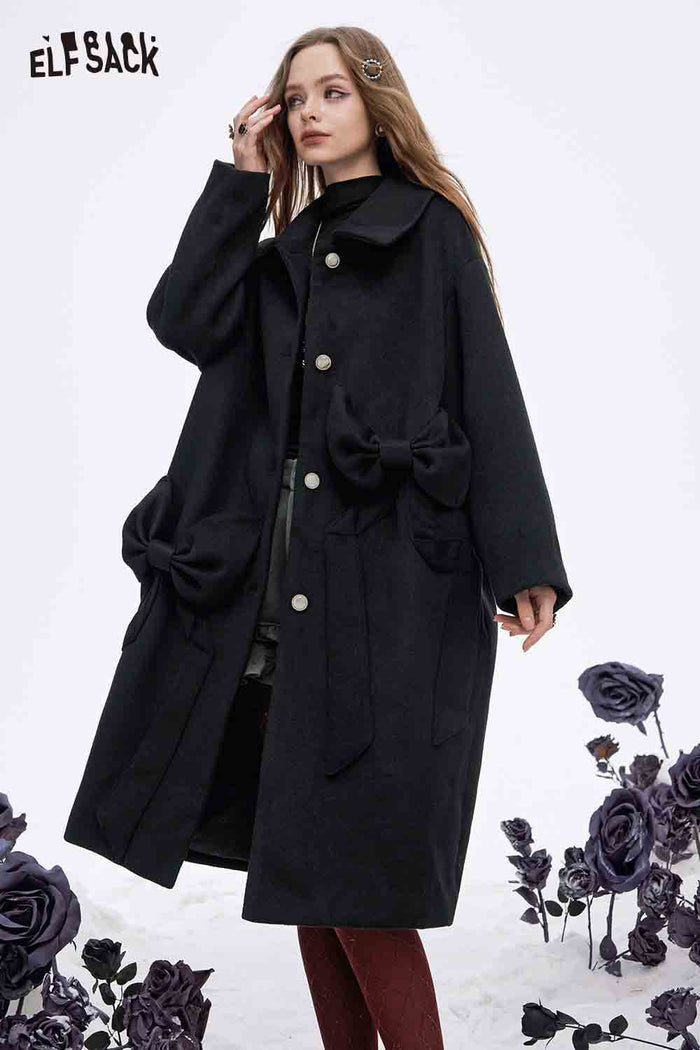 ELFSACK Soft Minimalist Loose Solid Bow Pocket Button Long Coat