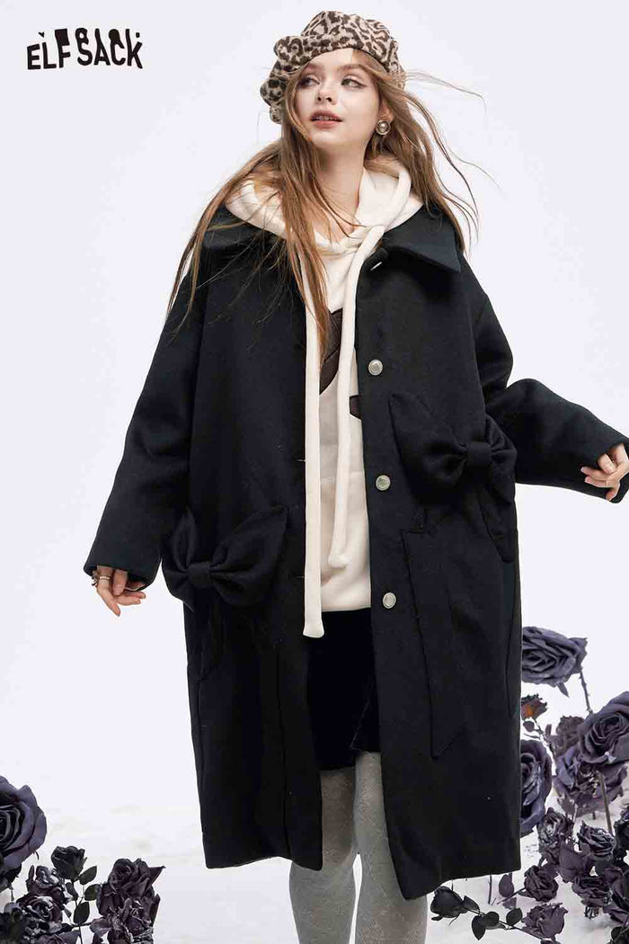 ELFSACK Soft Minimalist Loose Solid Bow Pocket Button Long Coat