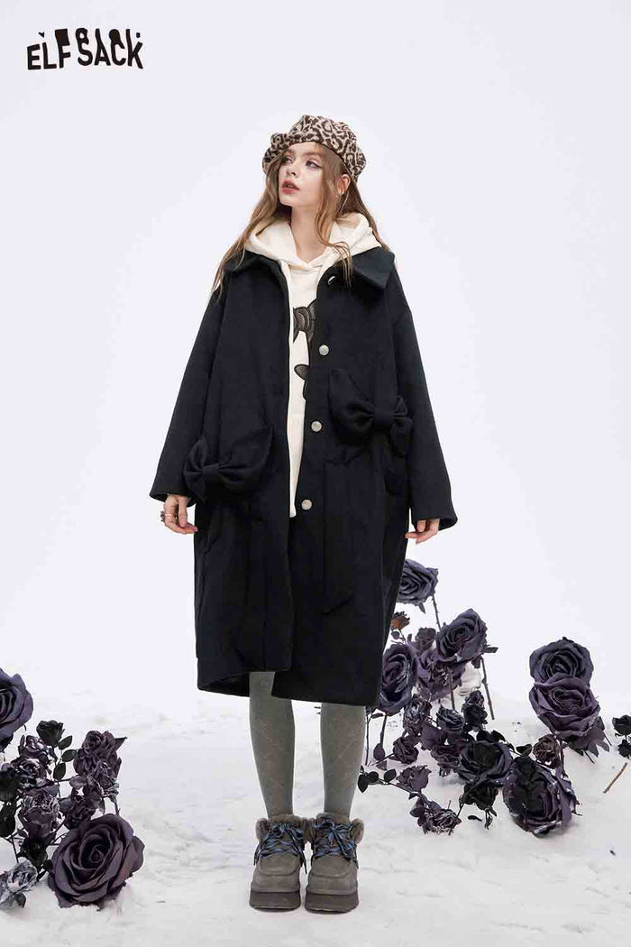 ELFSACK Soft Minimalist Loose Solid Bow Pocket Button Long Coat