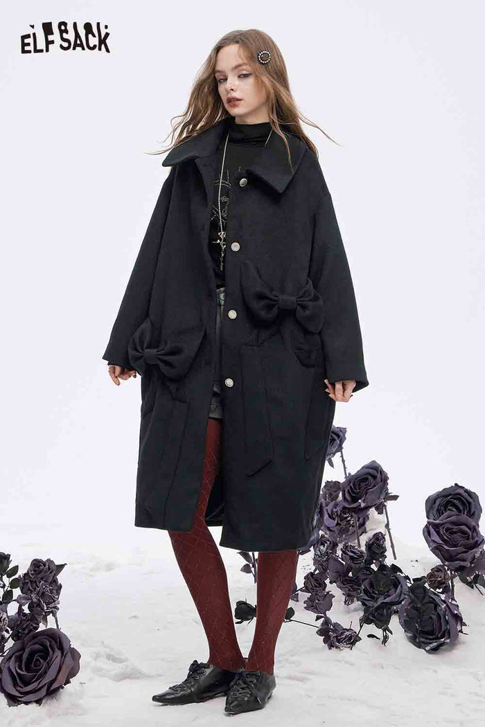 ELFSACK Soft Minimalist Loose Solid Bow Pocket Button Long Coat