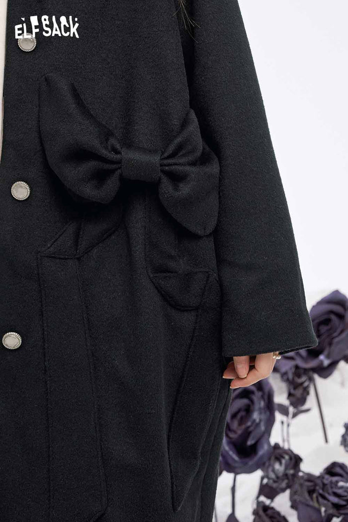 ELFSACK Soft Minimalist Loose Solid Bow Pocket Button Long Coat