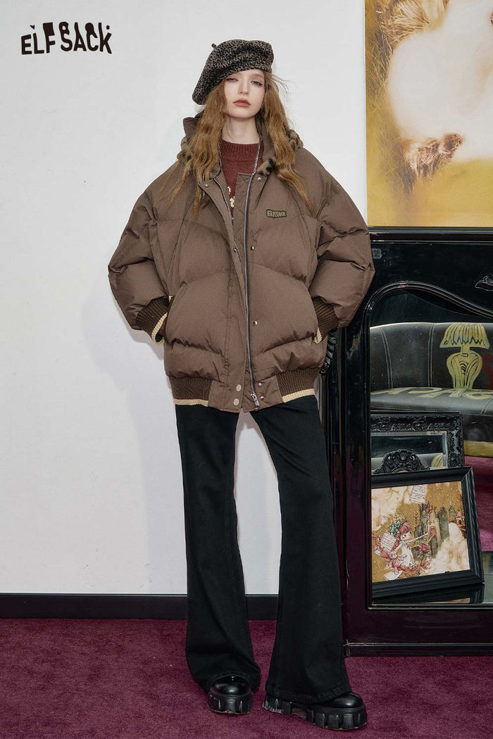 ELFSACK Soft Oversized Hooded Animal Ear Plush Trim Puffer Jacket