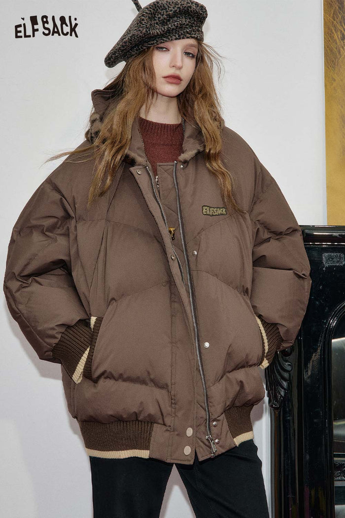 ELFSACK Soft Oversized Hooded Animal Ear Plush Trim Puffer Jacket