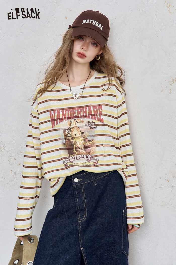 ELFSACK Soft Oversized Stripe Pattern Playful Embroidery Detail Shirt