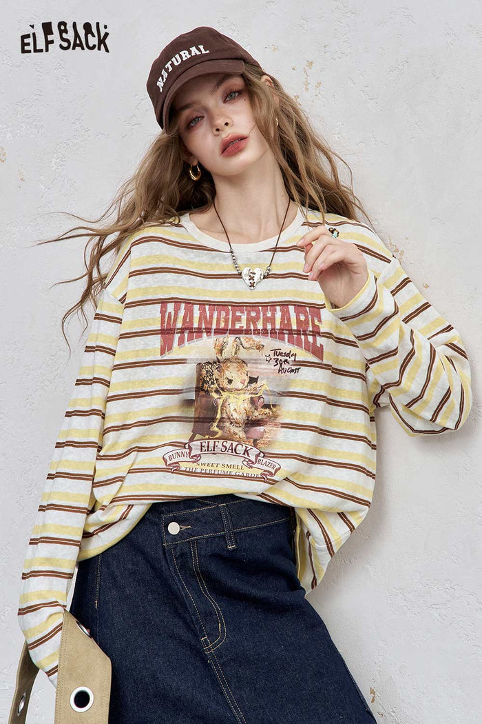 ELFSACK Soft Oversized Stripe Pattern Playful Embroidery Detail Shirt