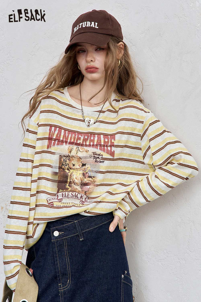 ELFSACK Soft Oversized Stripe Pattern Playful Embroidery Detail Shirt