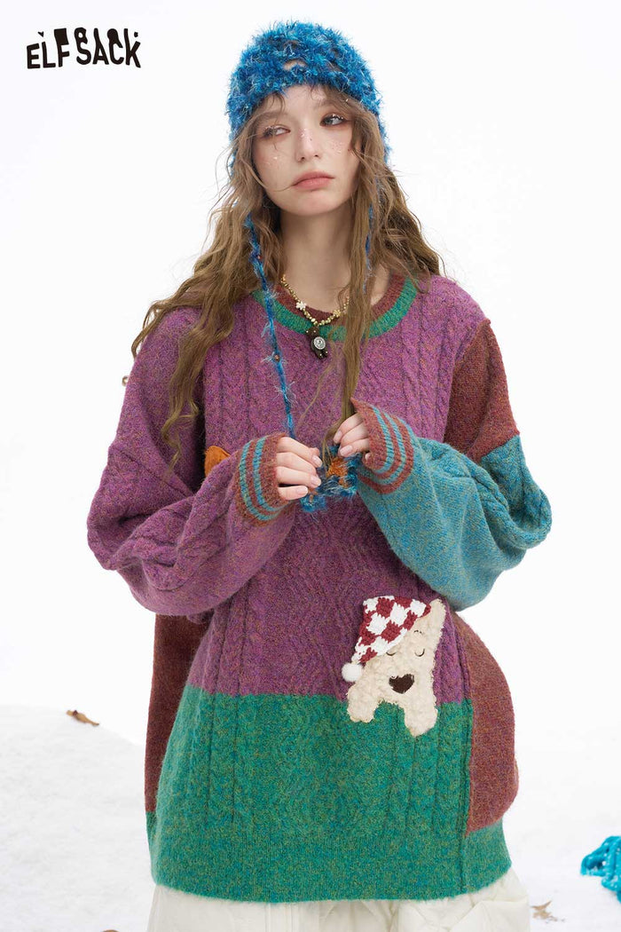ELFSACK Soft Patchwork Animal Letter Graphic Stripe Cuff Round Neck Sweater