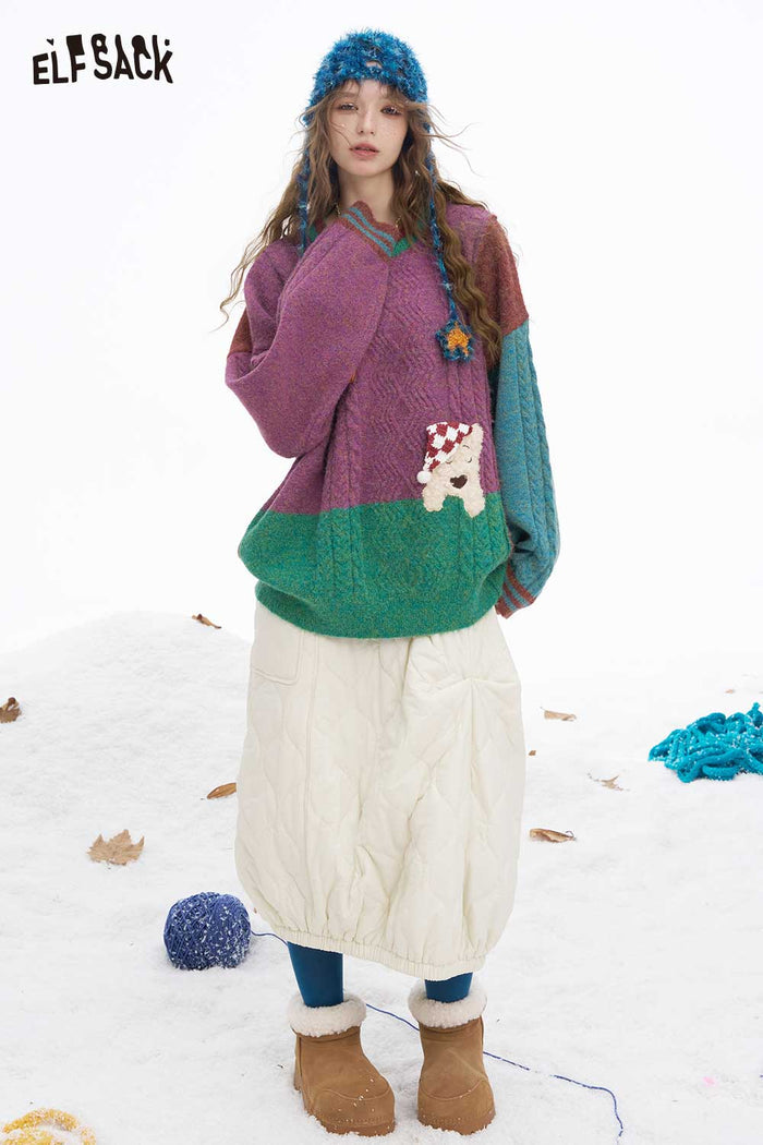 ELFSACK Soft Patchwork Animal Letter Graphic Stripe Cuff Round Neck Sweater