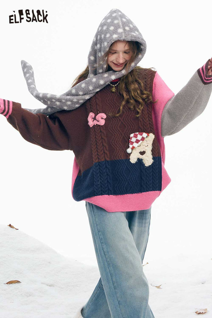 ELFSACK Soft Patchwork Animal Letter Graphic Stripe Cuff Round Neck Sweater