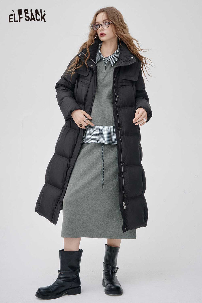 ELFSACK Soft Patchwork Collared Long sleeved Top and Pleated Midi Skirt Matching Set