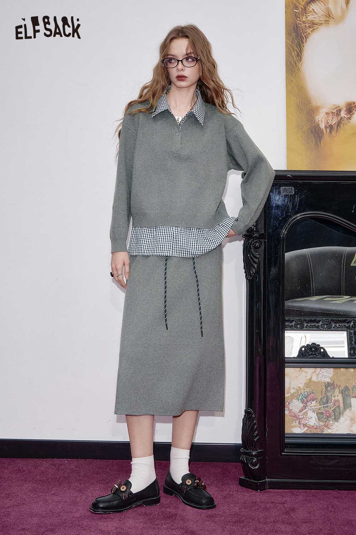 ELFSACK Soft Patchwork Collared Long sleeved Top and Pleated Midi Skirt Matching Set