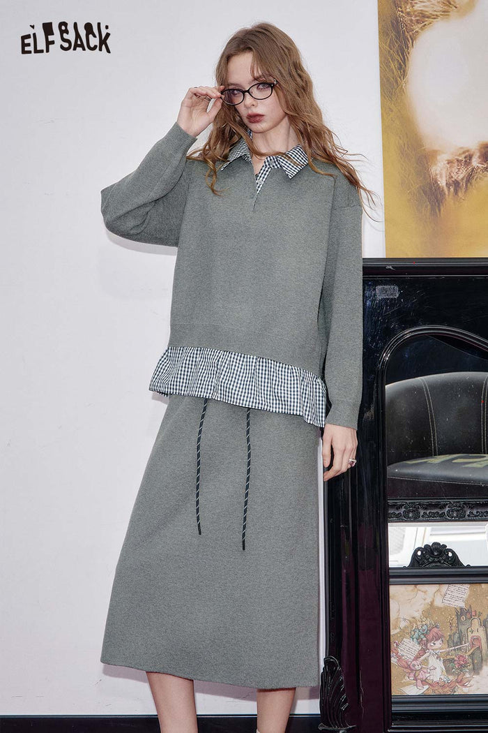 ELFSACK Soft Patchwork Collared Long sleeved Top and Pleated Midi Skirt Matching Set