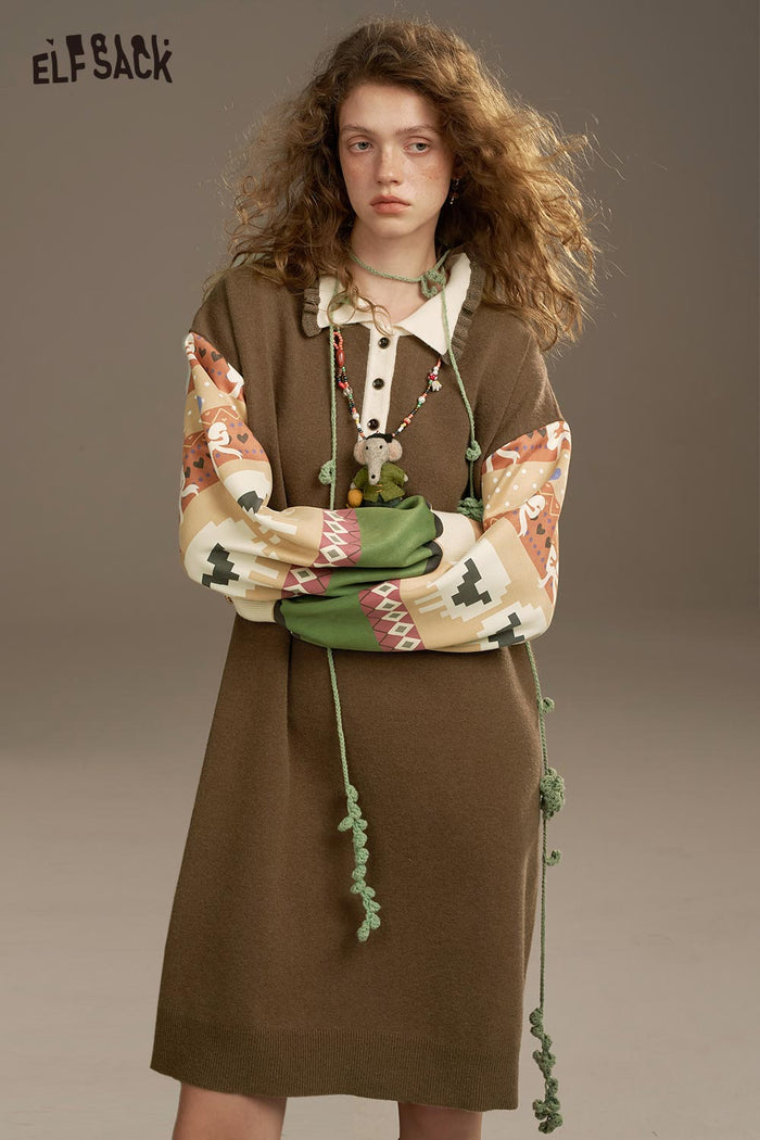 ELFSACK Soft Patchwork Sleeves Ruffled Collar Dress