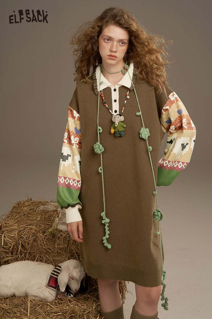 ELFSACK Soft Patchwork Sleeves Ruffled Collar Dress