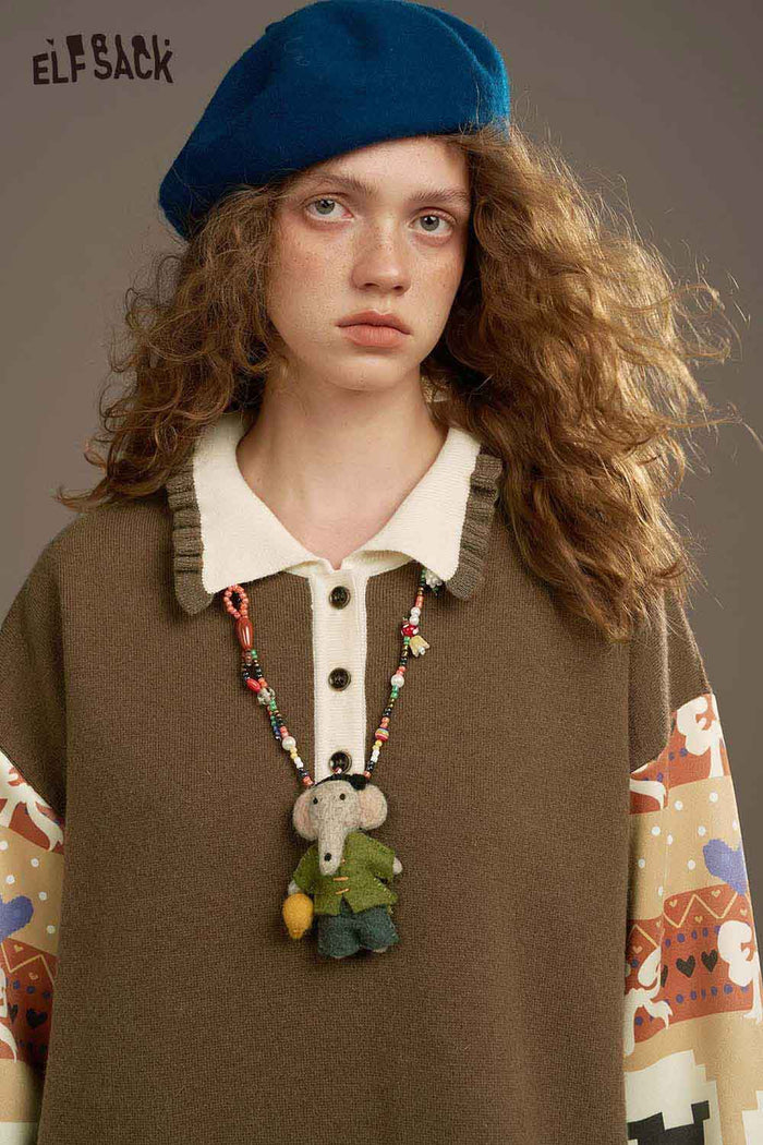 ELFSACK Soft Patchwork Sleeves Ruffled Collar Dress