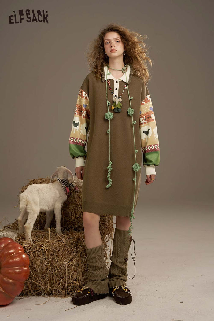 ELFSACK Soft Patchwork Sleeves Ruffled Collar Dress