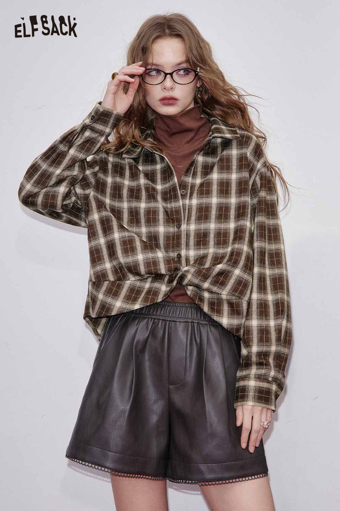 ELFSACK Soft Plaid Long sleeved Button down Shirt