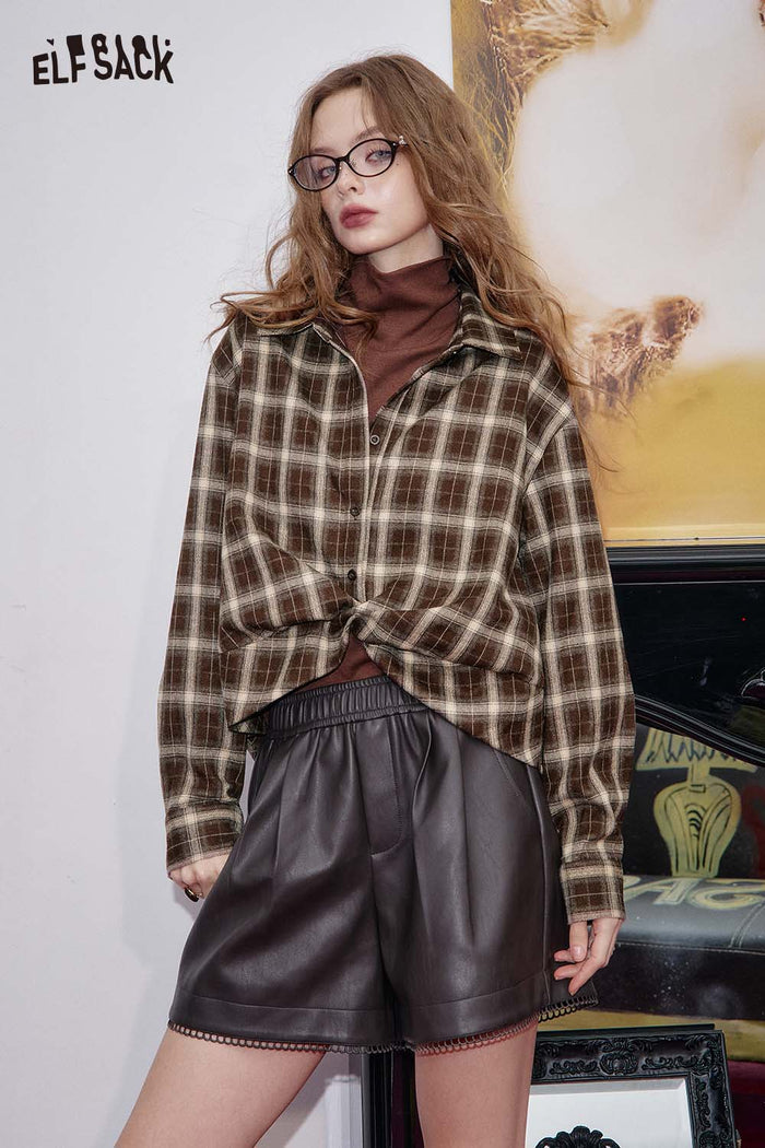 ELFSACK Soft Plaid Long sleeved Button down Shirt