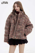 ELFSACK Soft Plaid Puffer Fur Collar Full Zip Button Short Coat