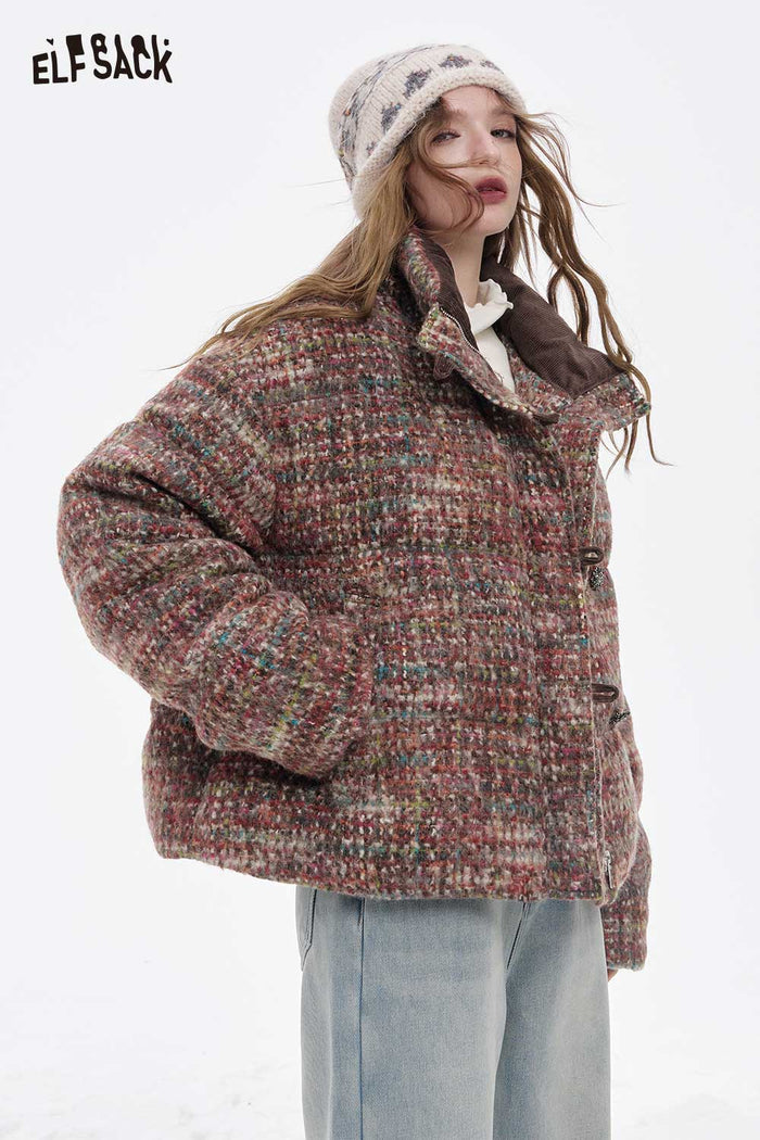 ELFSACK Soft Plaid Puffer Fur Collar Full Zip Button Short Coat