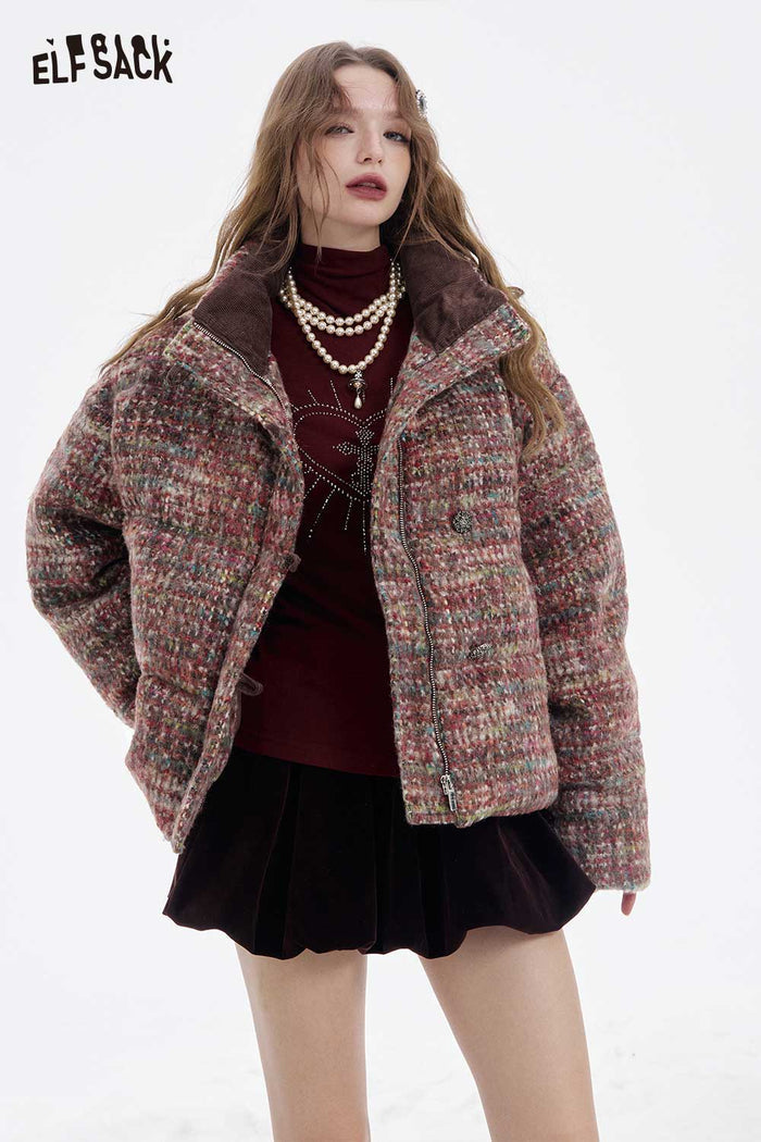 ELFSACK Soft Plaid Puffer Fur Collar Full Zip Button Short Coat