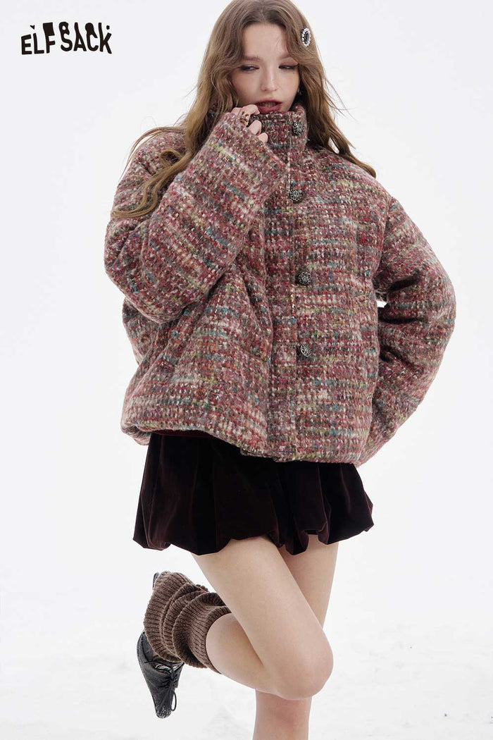 ELFSACK Soft Plaid Puffer Fur Collar Full Zip Button Short Coat