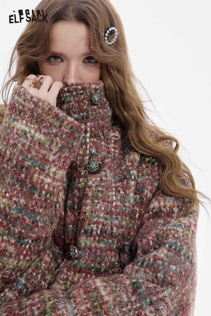 ELFSACK Soft Plaid Puffer Fur Collar Full Zip Button Short Coat