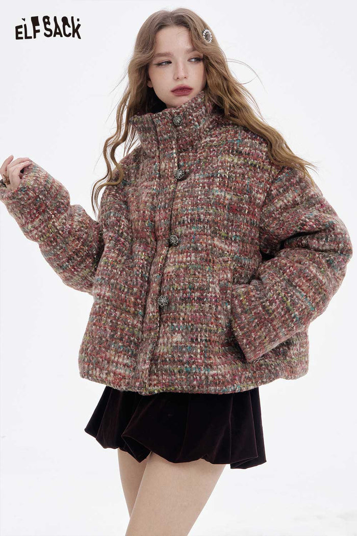 ELFSACK Soft Plaid Puffer Fur Collar Full Zip Button Short Coat