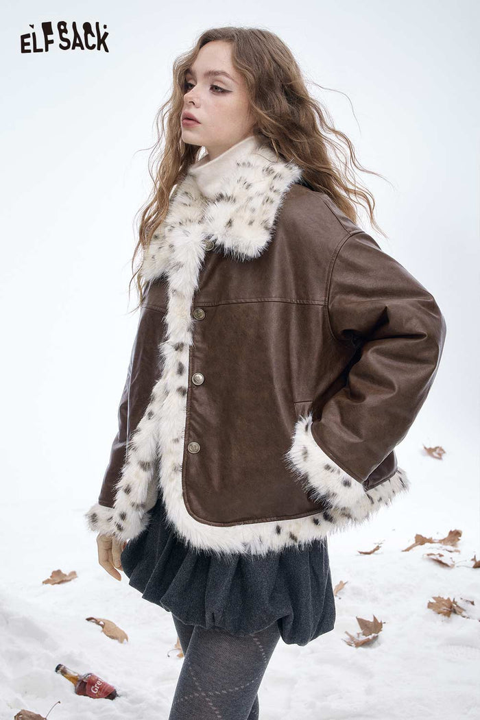 ELFSACK Soft Premium Faux Leather Mixed Color Plush Trim Mixed Color Plush Lapel Coat