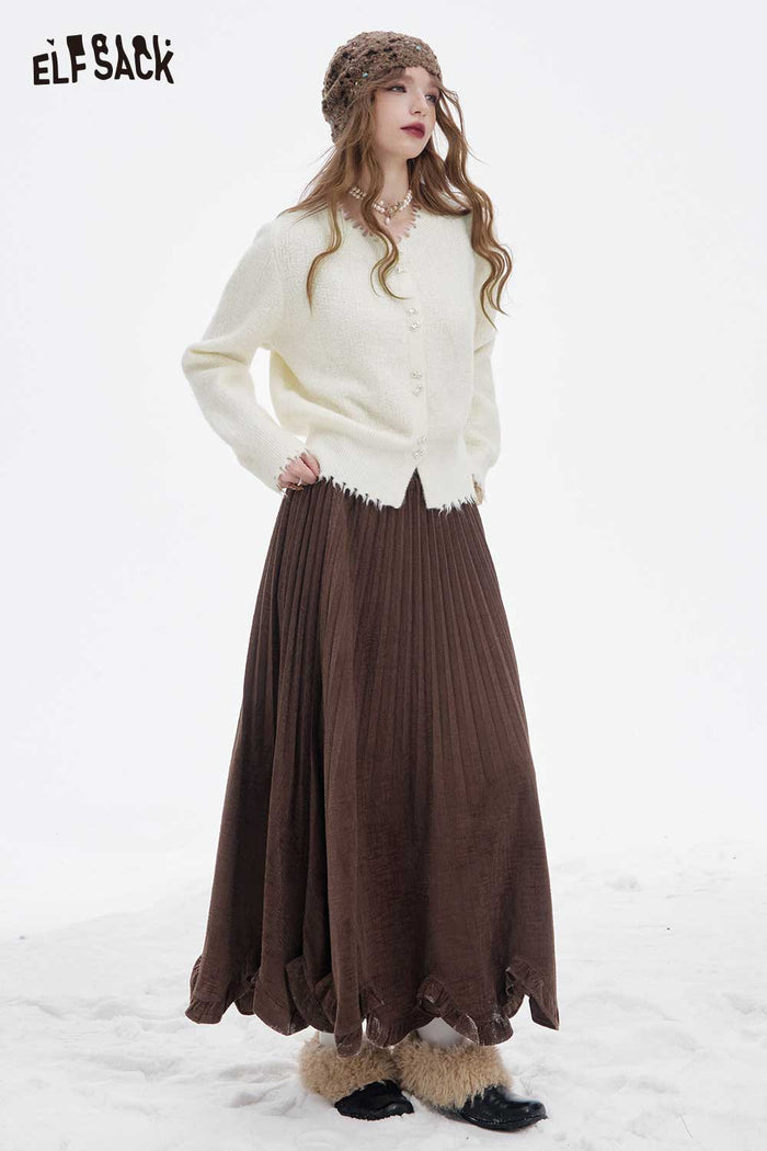 ELFSACK Soft Preppy Solid Bow Button Fringe Sweater