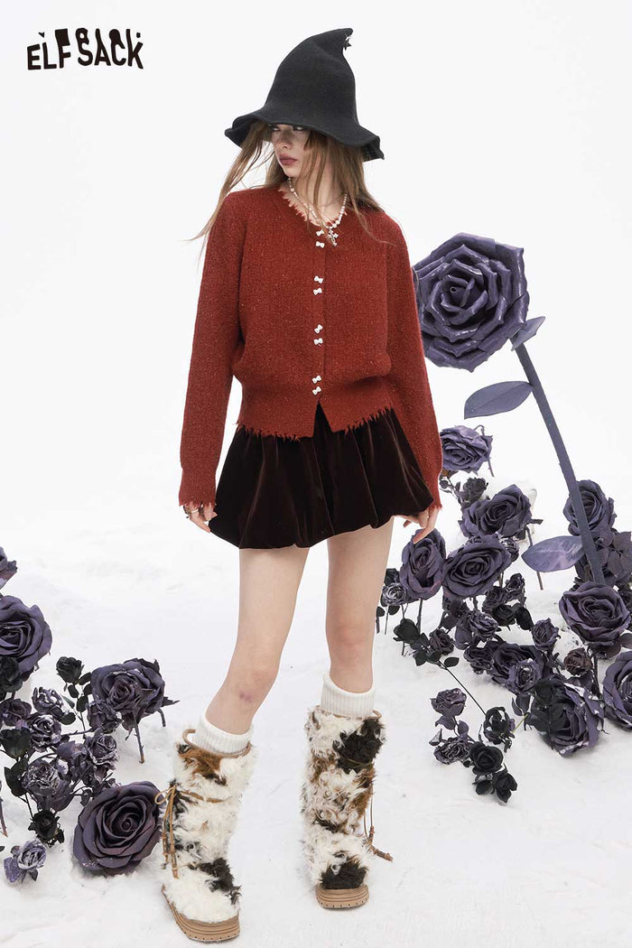 ELFSACK Soft Preppy Solid Bow Button Fringe Sweater