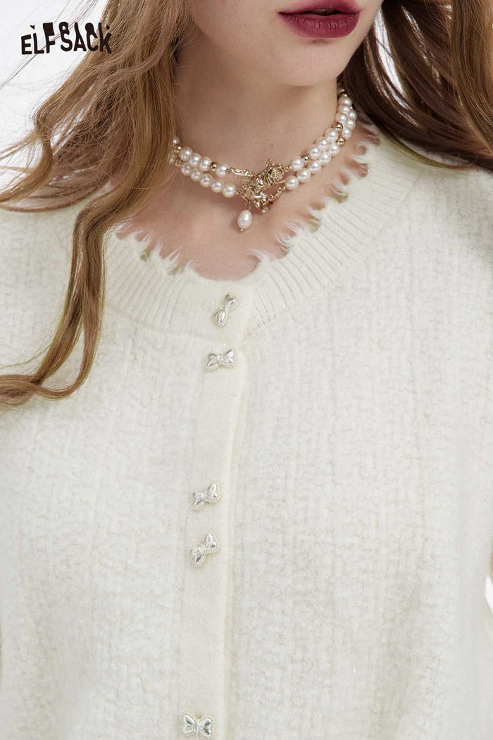 ELFSACK Soft Preppy Solid Bow Button Fringe Sweater
