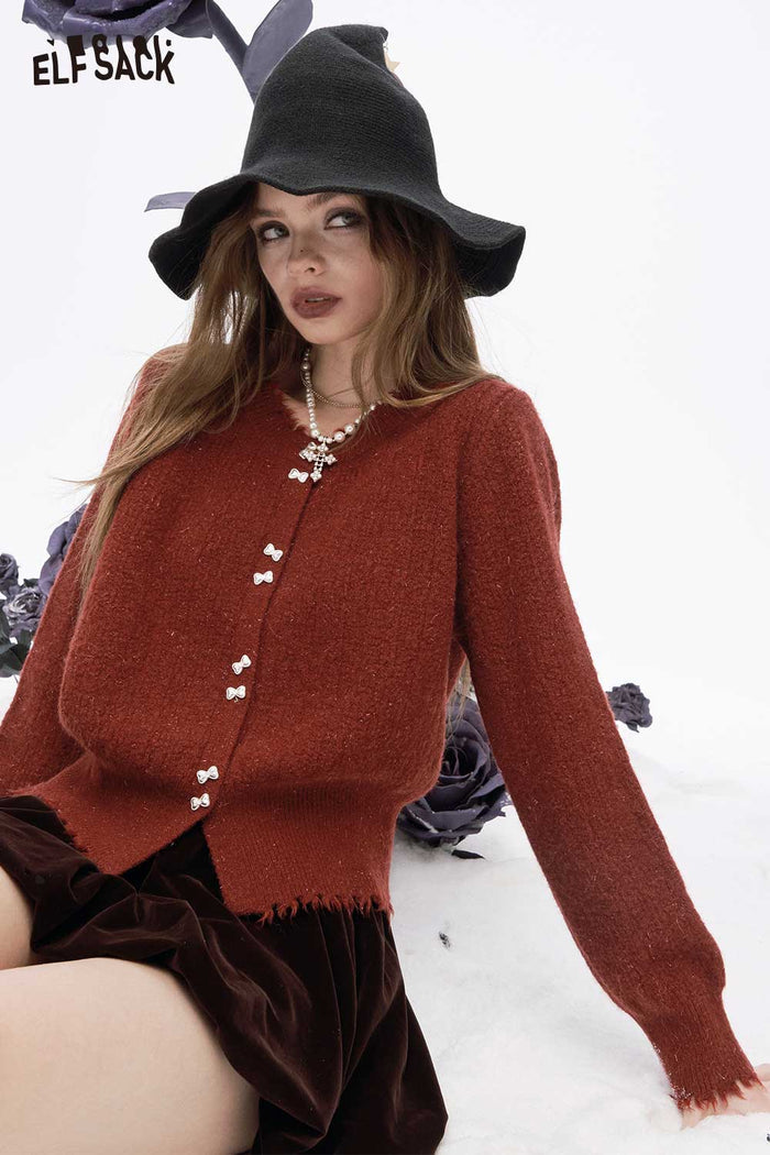 ELFSACK Soft Preppy Solid Bow Button Fringe Sweater