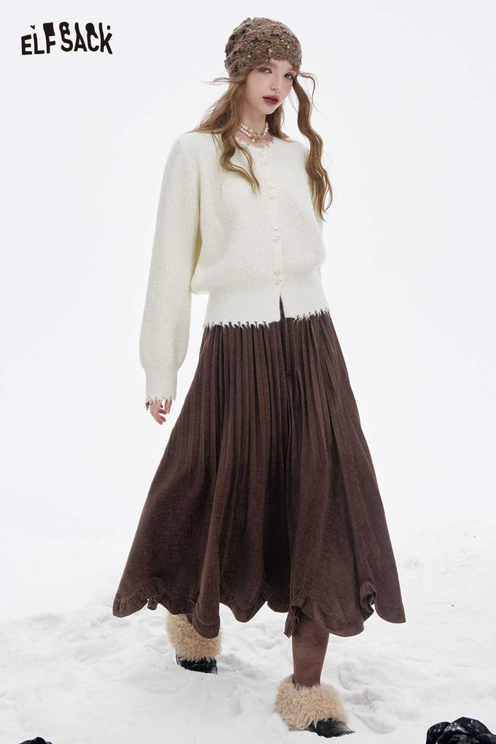 ELFSACK Soft Preppy Solid Bow Button Fringe Sweater