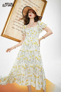 ELFSACK Soft Resort French Floral Square Neck Dress
