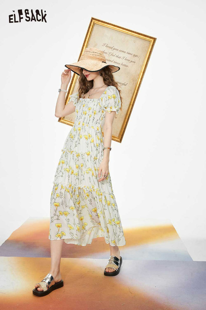 ELFSACK Soft Resort French Floral Square Neck Dress